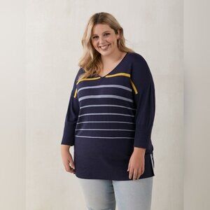 Penningtons In Every Story Navy Blue Stripe Tunic V-Neck Sweater 3/4 Sleeves 2X